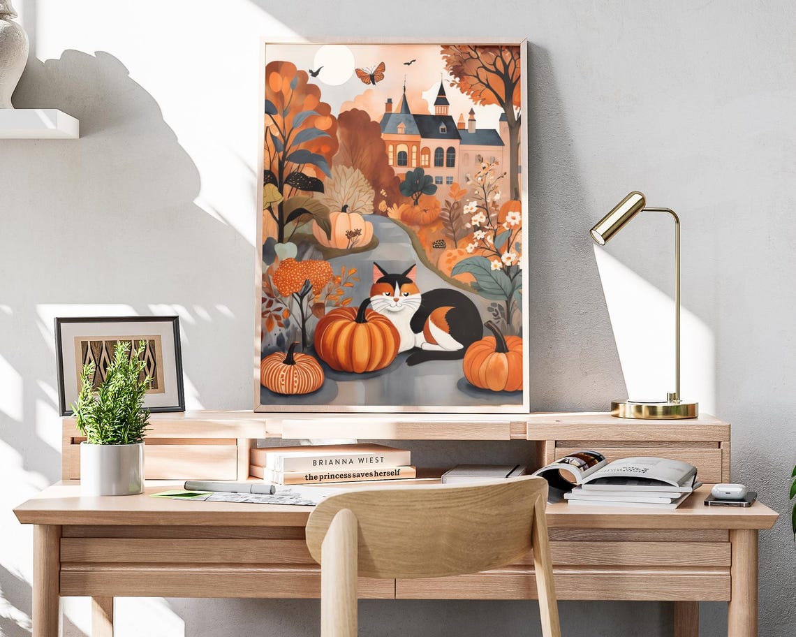 Calico Cat Pumpkin Patch Autumn Manor Path Fall Folk Art Poster - Image 4