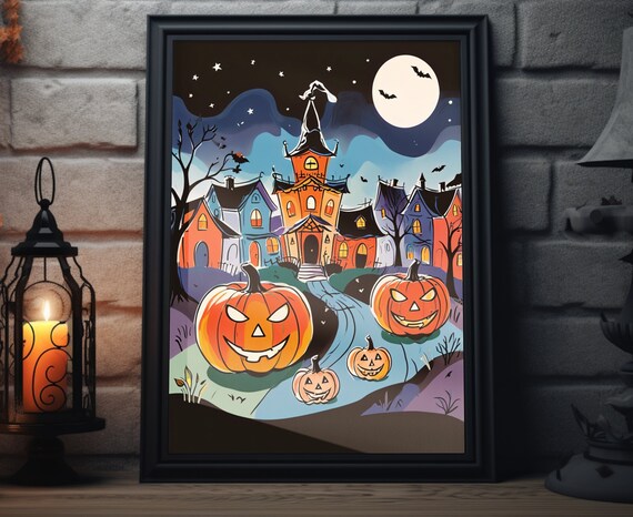 Haunted House And Pumpkins Halloween Moonlight Night Art Poster