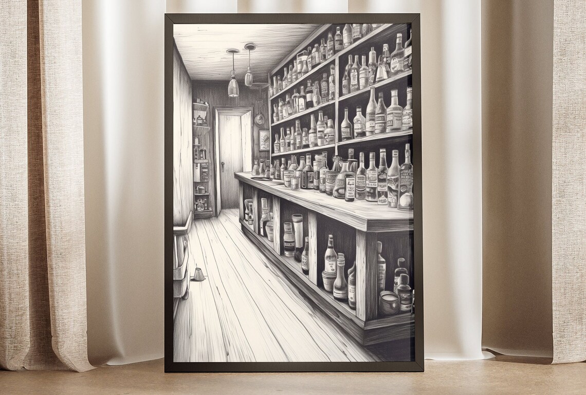 Classic Bar Room Ink Sketch Black White Bottle Shelf Monochrome Wall Poster