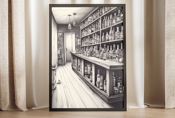 Classic Bar Room Ink Sketch Black White Bottle Shelf Monochrome Wall Poster
