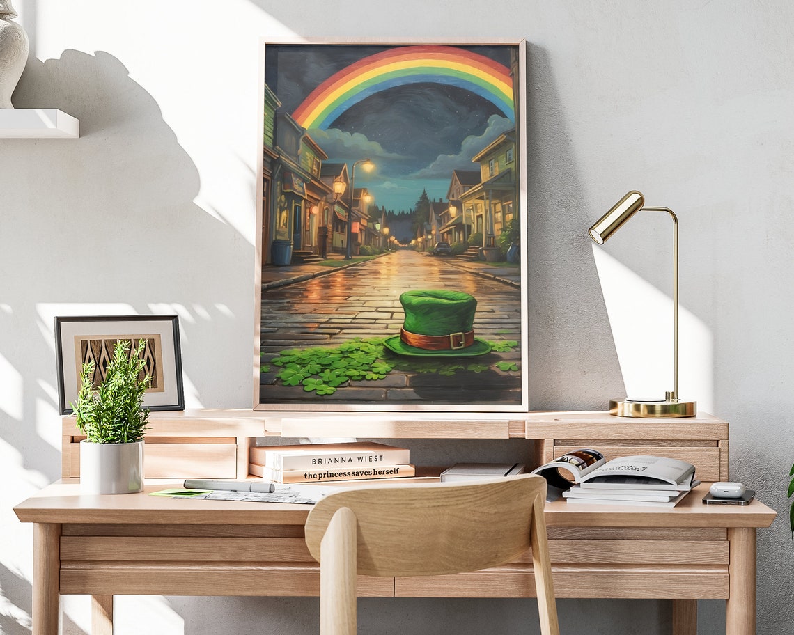 St Patricks Day Leprechaun Hat Cobblestone Street Rainbow Night Poster - Image 4