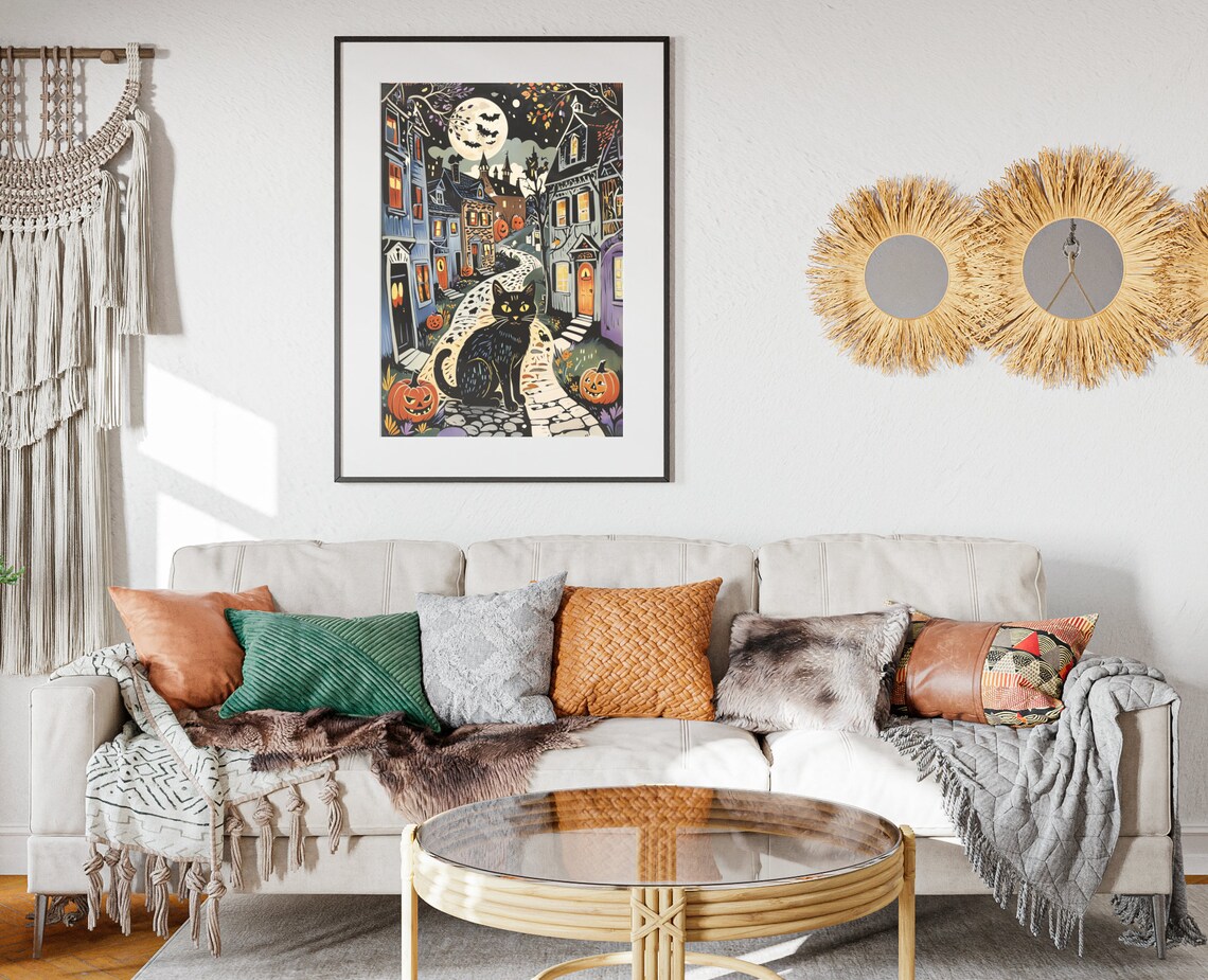Black Cat On Cobblestone Halloween Street Moon Bats Jack O Lanterns Poster - Image 2