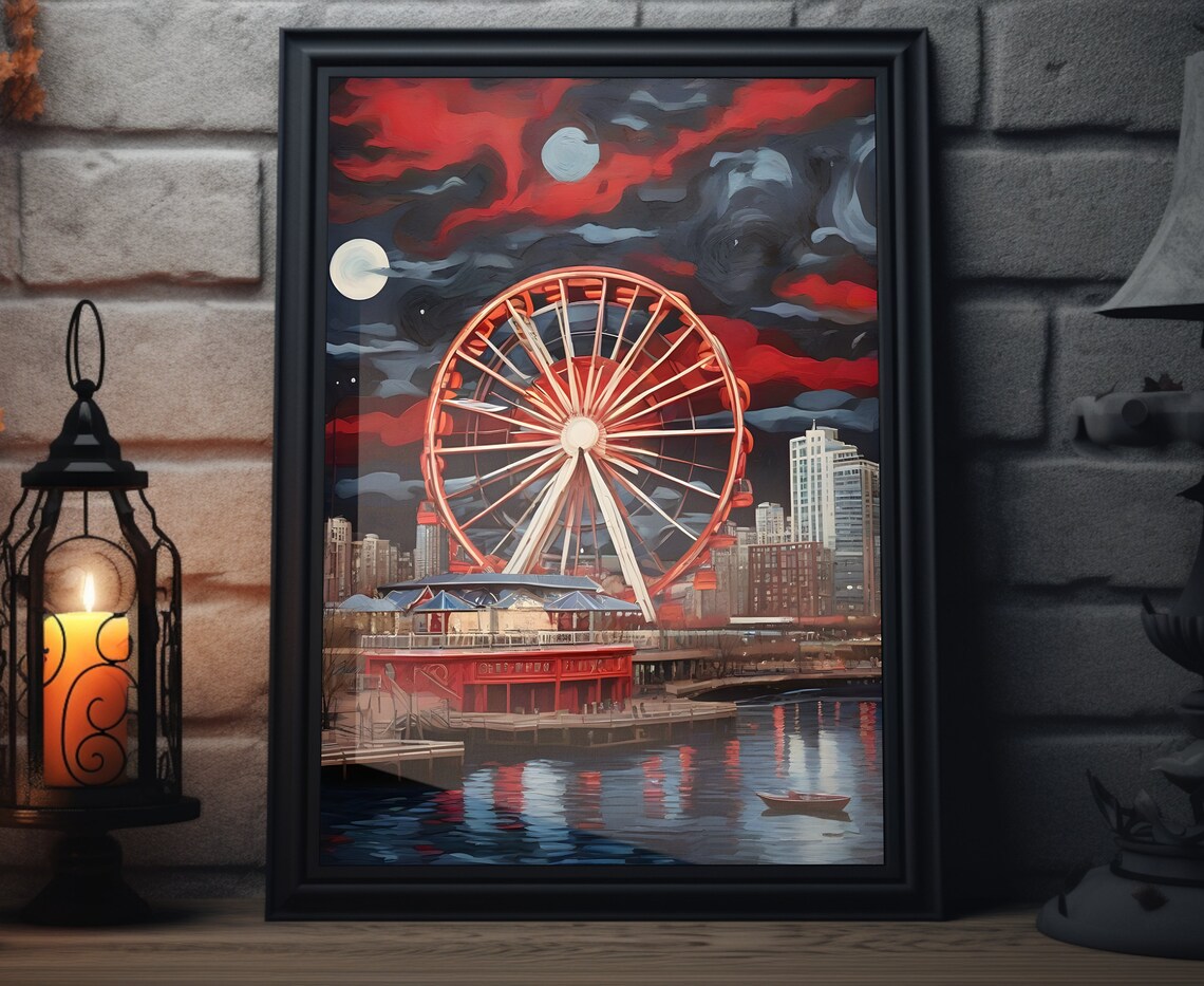 Chicago Navy Pier Ferris Wheel Starry Night Red Sky Lakefront Art Poster