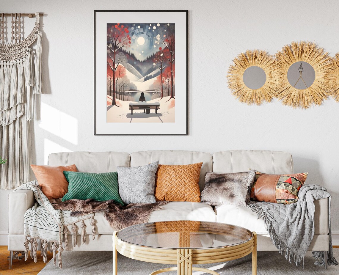Winter Lakeview Folk Art Print Christmas Painting Artwork Christmas Winter Wall Art Xmas Holiday Decor For Home Snowy Holiday Poster - Image 2