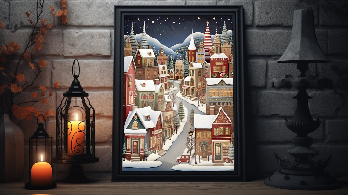 Snowy Christmas Town At Night Colorful Houses Winter Art Poster