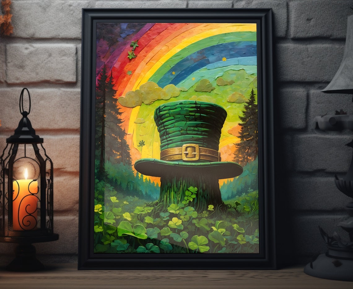 St Patricks Day Giant Leprechaun Hat Shamrock Field Rainbow Sky Print