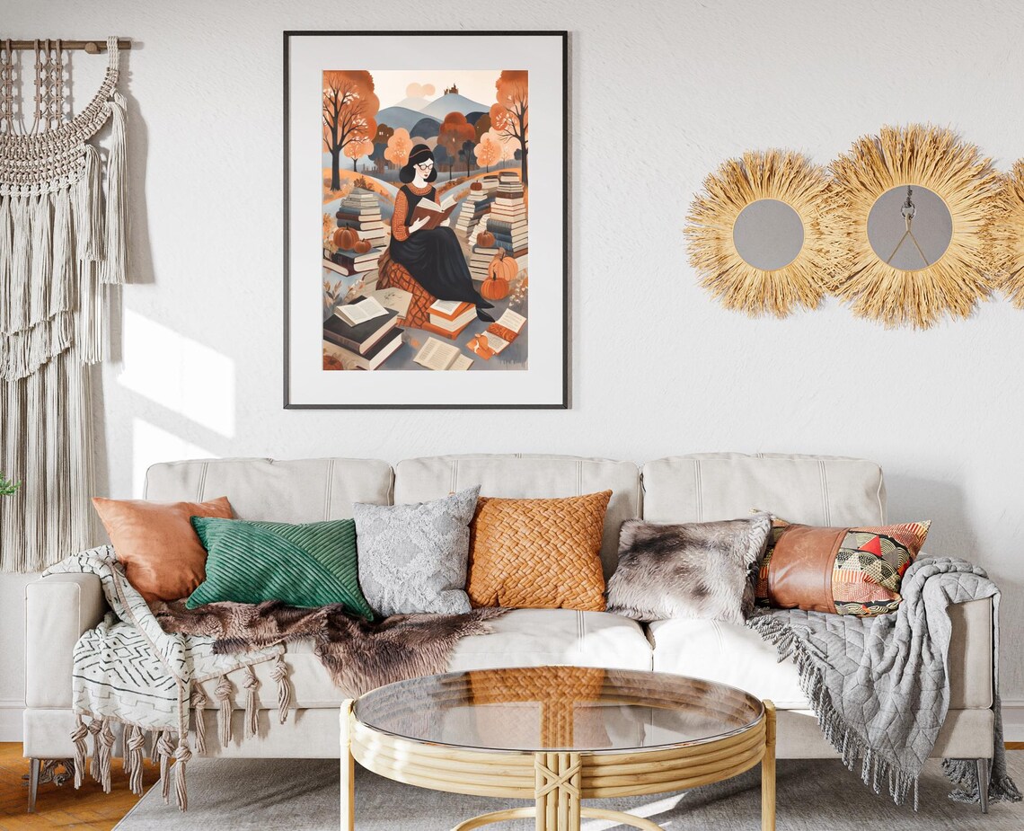 Woman Reading Book Towers Pumpkins Autumn Hills Fall Art Poster - Image 2