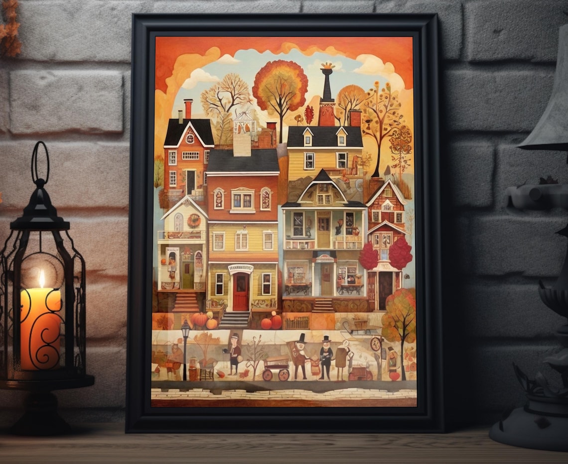 Fall Harvest Town Stacked Colorful Houses Autumn Folk Poster