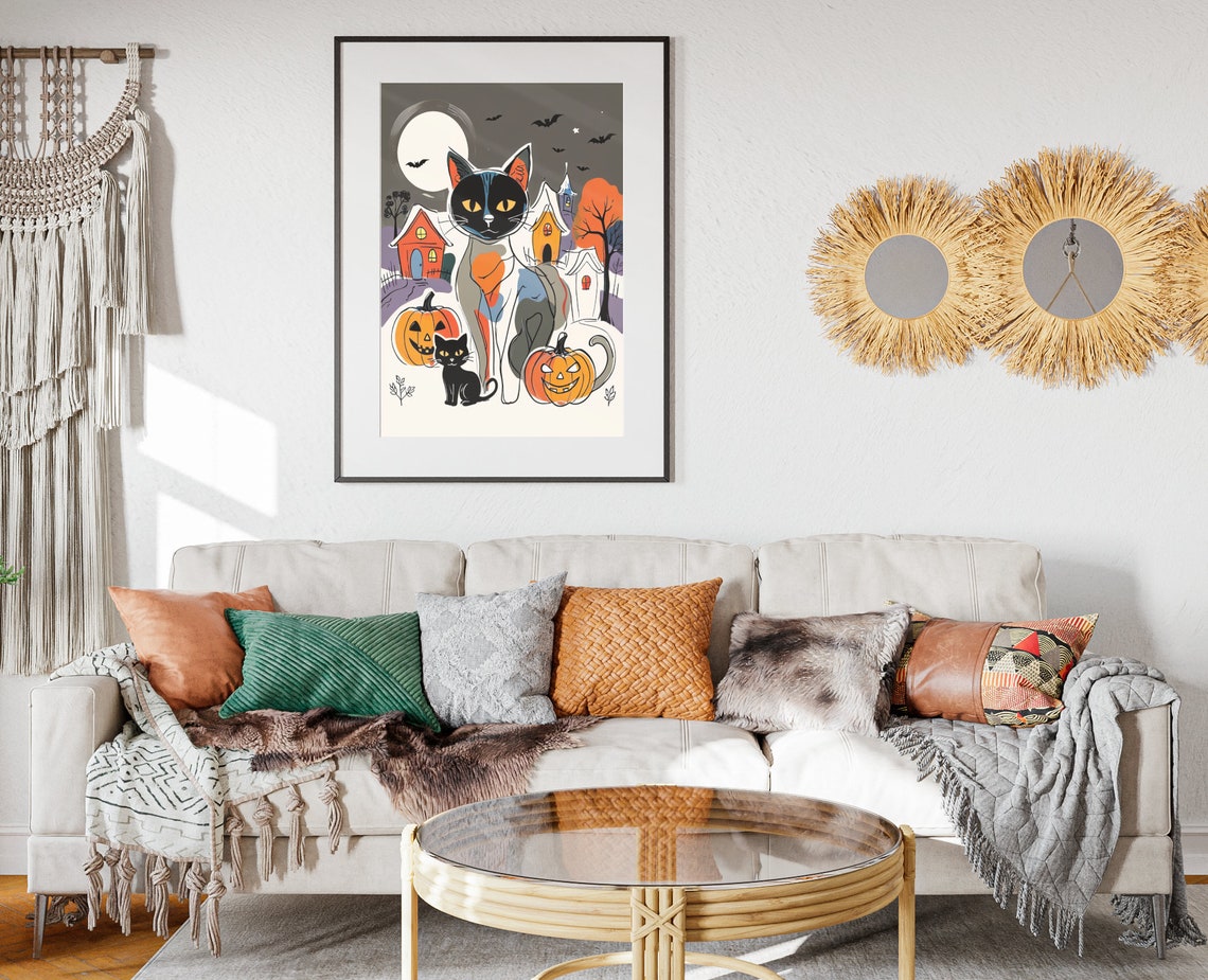 Abstract Halloween Black Cat Pumpkins Moon Haunted Houses Art Poster - Image 2