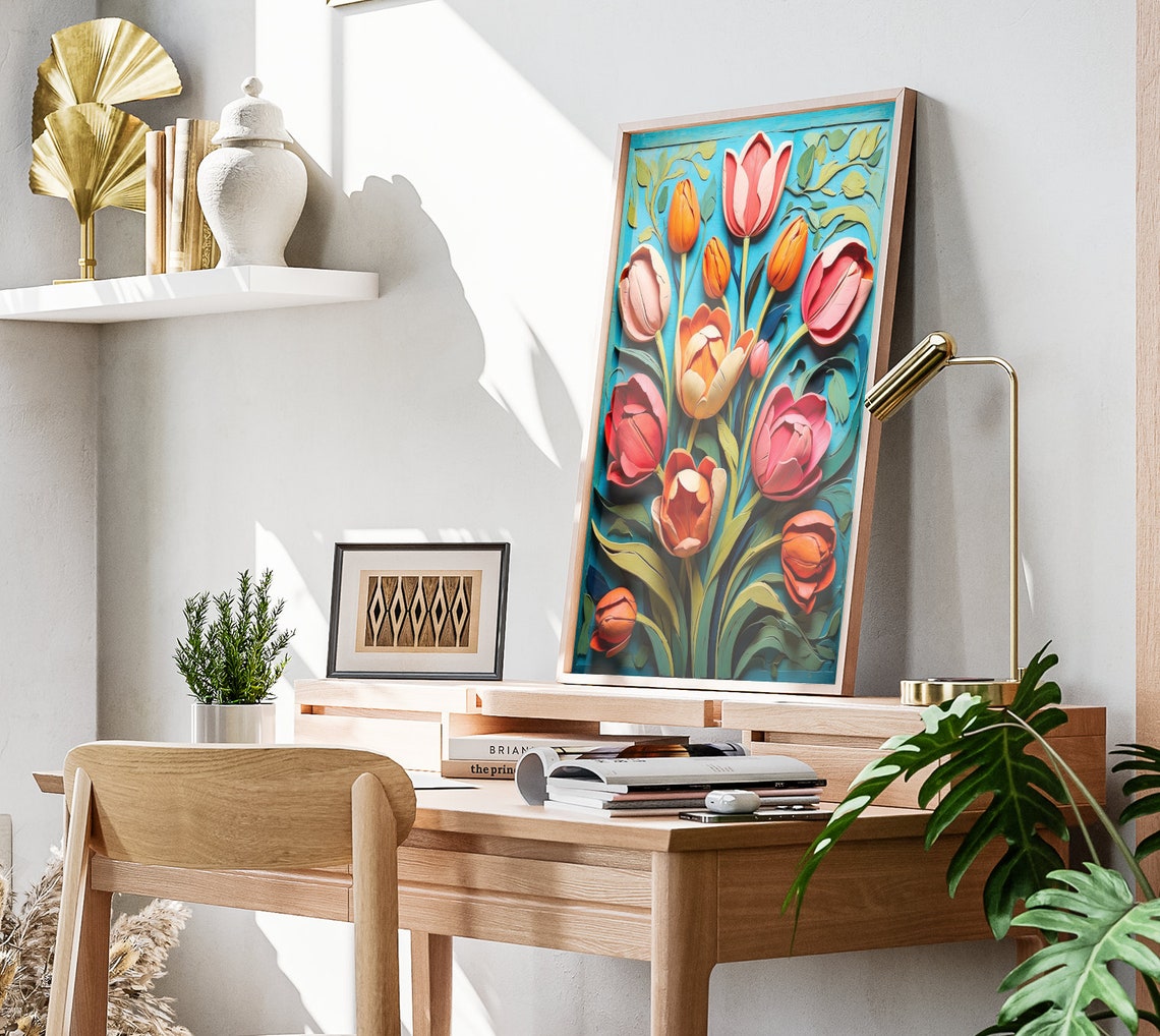 Colorful Tulips 3D Paper Quilling Teal Background Spring Floral Poster - Image 3