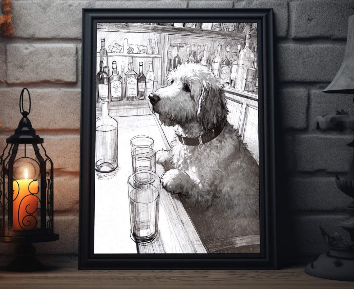 Doodle Dog Leaning On Bar Empty Glasses Vintage Sketch Poster