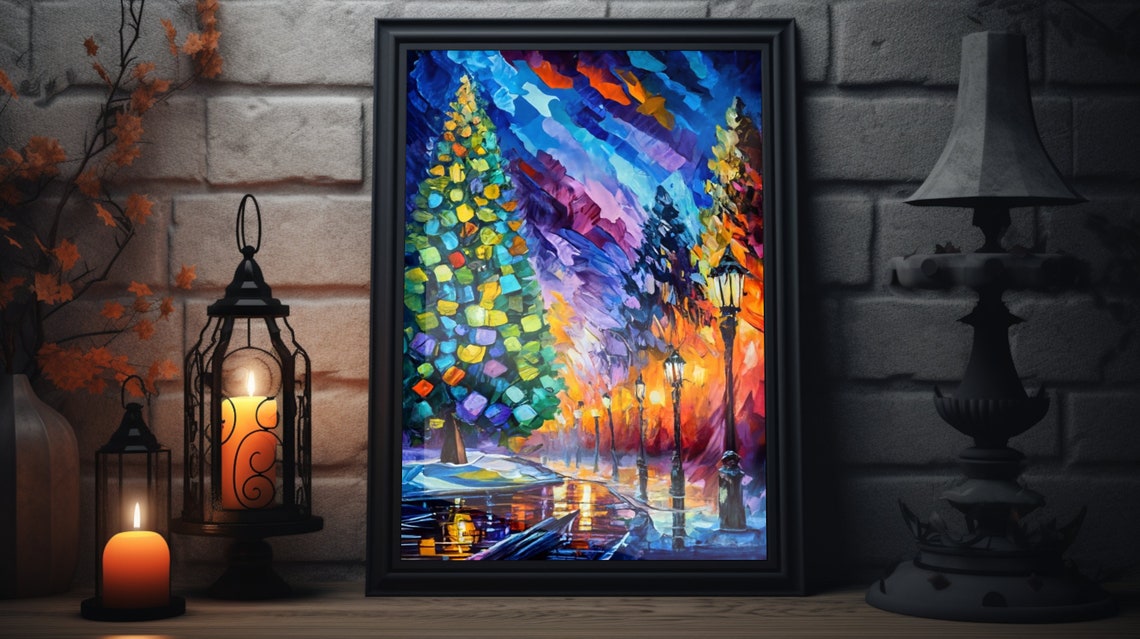 Impressionist Christmas Trees Wet Night Street Blue Orange Art Poster