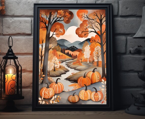 Fall Forest Folk Art Pumpkin River Valley Mountains Big Harvest Moon Poster