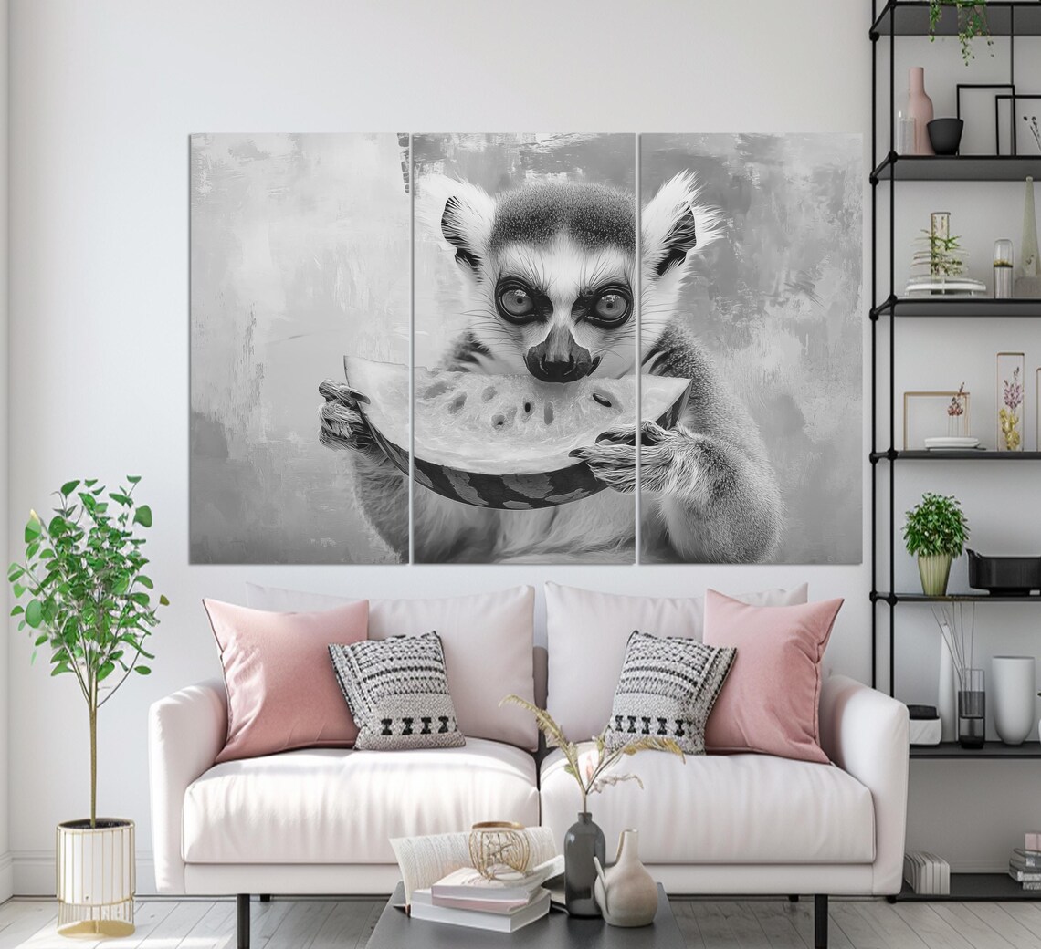 Funny Lemur Eating Watermelon Slice Pastel Colorful Animal Art Poster - Image 2