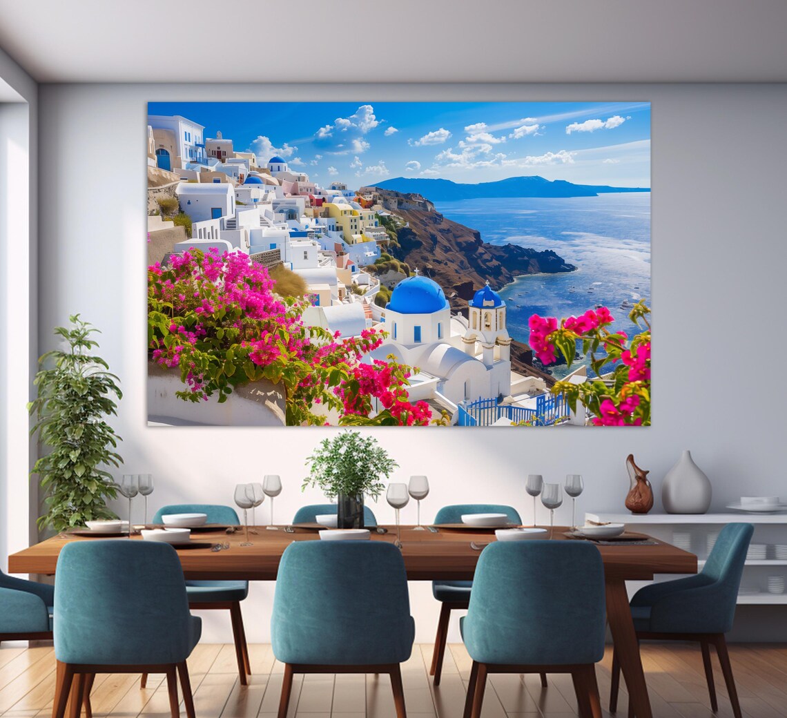 Santorini Greece Oia Blue Domes Sunset Caldera View Travel Poster