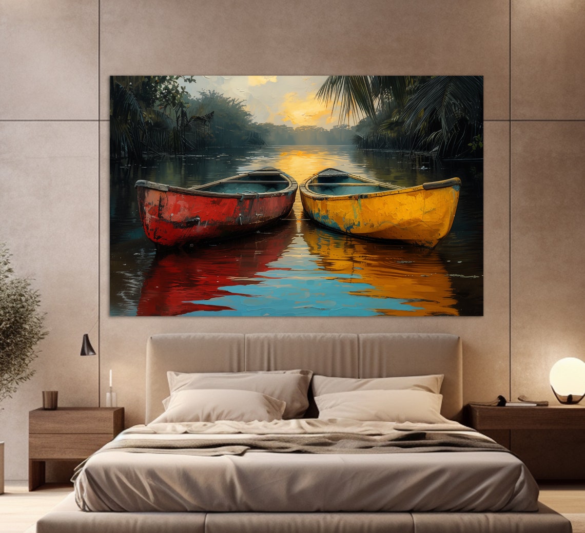 Old Boats On Tropical Lake Print Kayaks Painting Scenic Tropical Landscape Poster Fisherman Gift Boats Wall Art Travel Wall Art