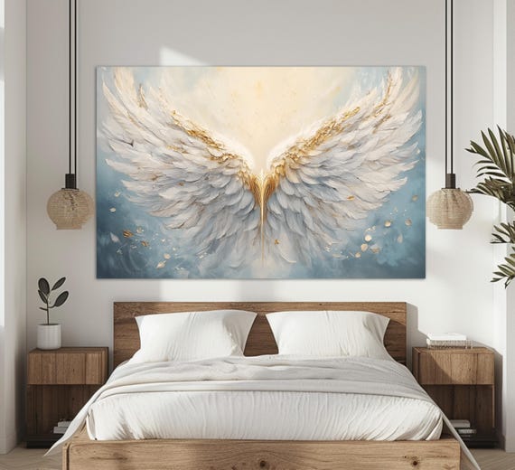 Abstract Angel Wings Print White Angel Wings Painting Religious Wall Art Angels Wall Art Religious Wall Decor