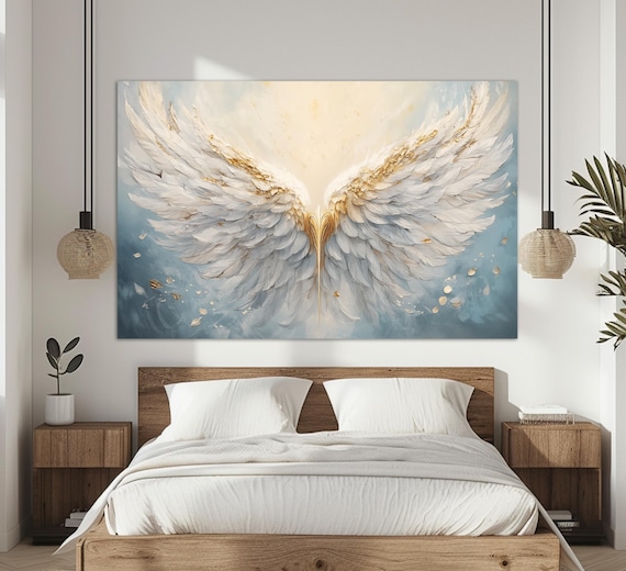 White Angel Wings Gold Feathers Heavenly Light Abstract Spiritual Wall Art
