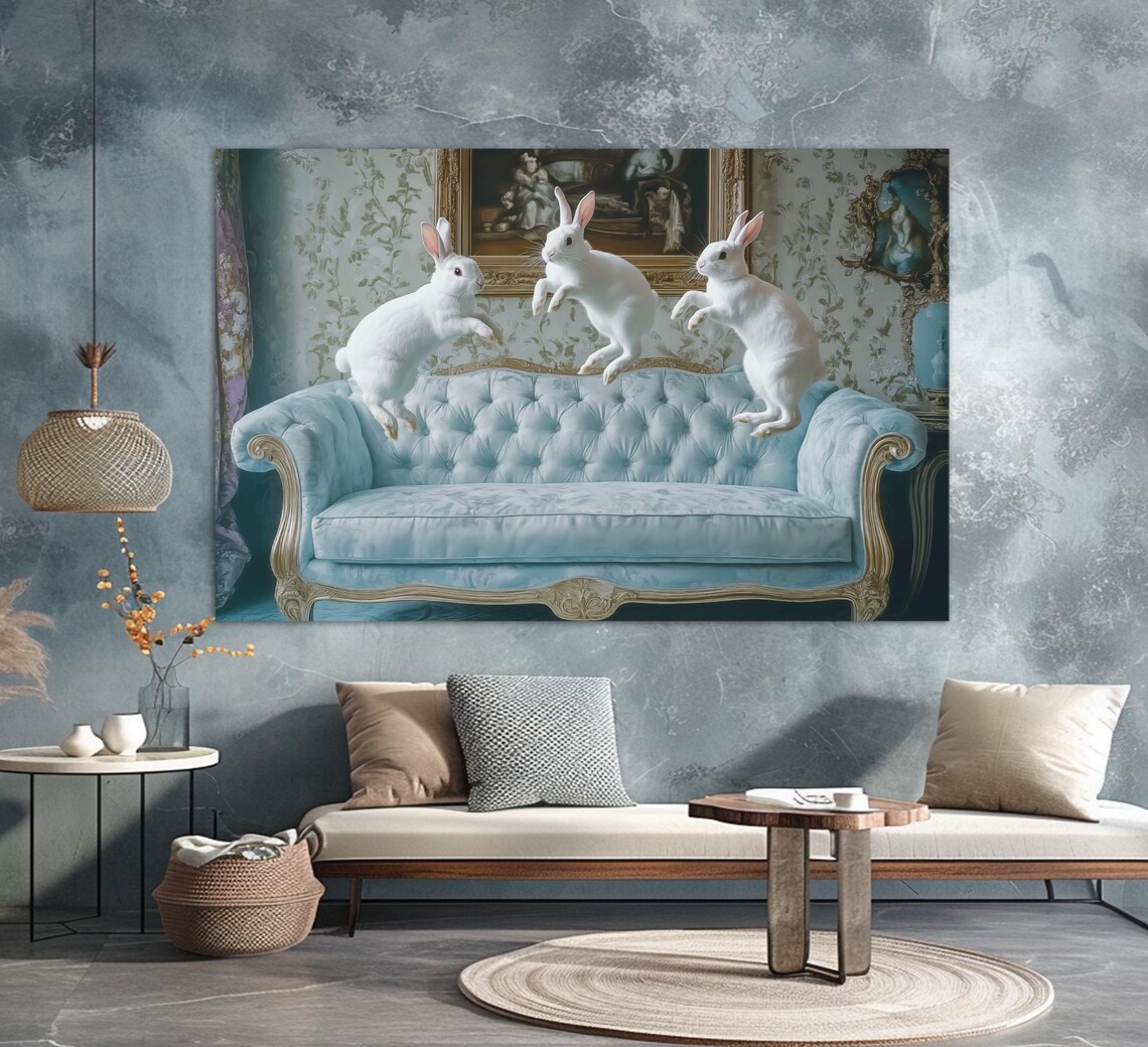 Cute Rabbits on Sofa, Nursery Kids Room Wall Art Print - Image 3