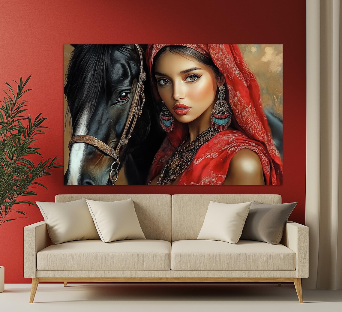 Arab Woman In Red Veil With Black Horse Oriental Beauty Art Poster