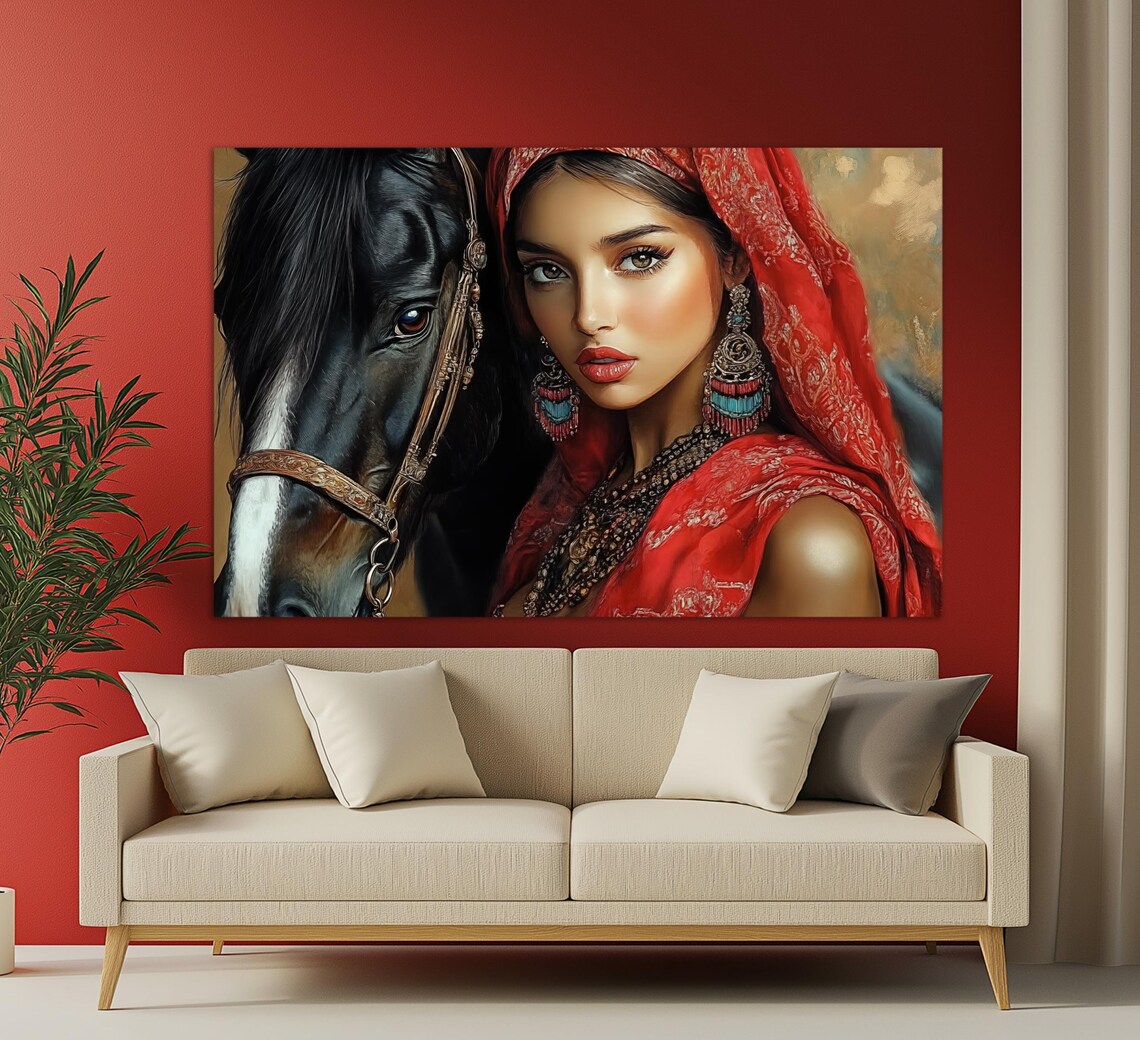 Beautiful Arab Woman With Black Horse Print Oriental Painting Arabian Wall Art Oriental Woman Poster