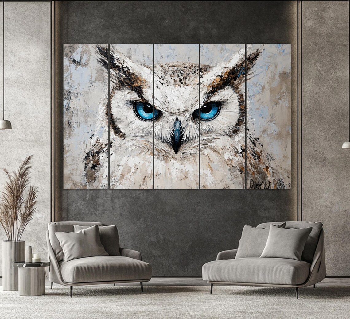 White Owl With Blue Eyes Close Up Portrait Wild Bird Painting Wall Art - Image 2
