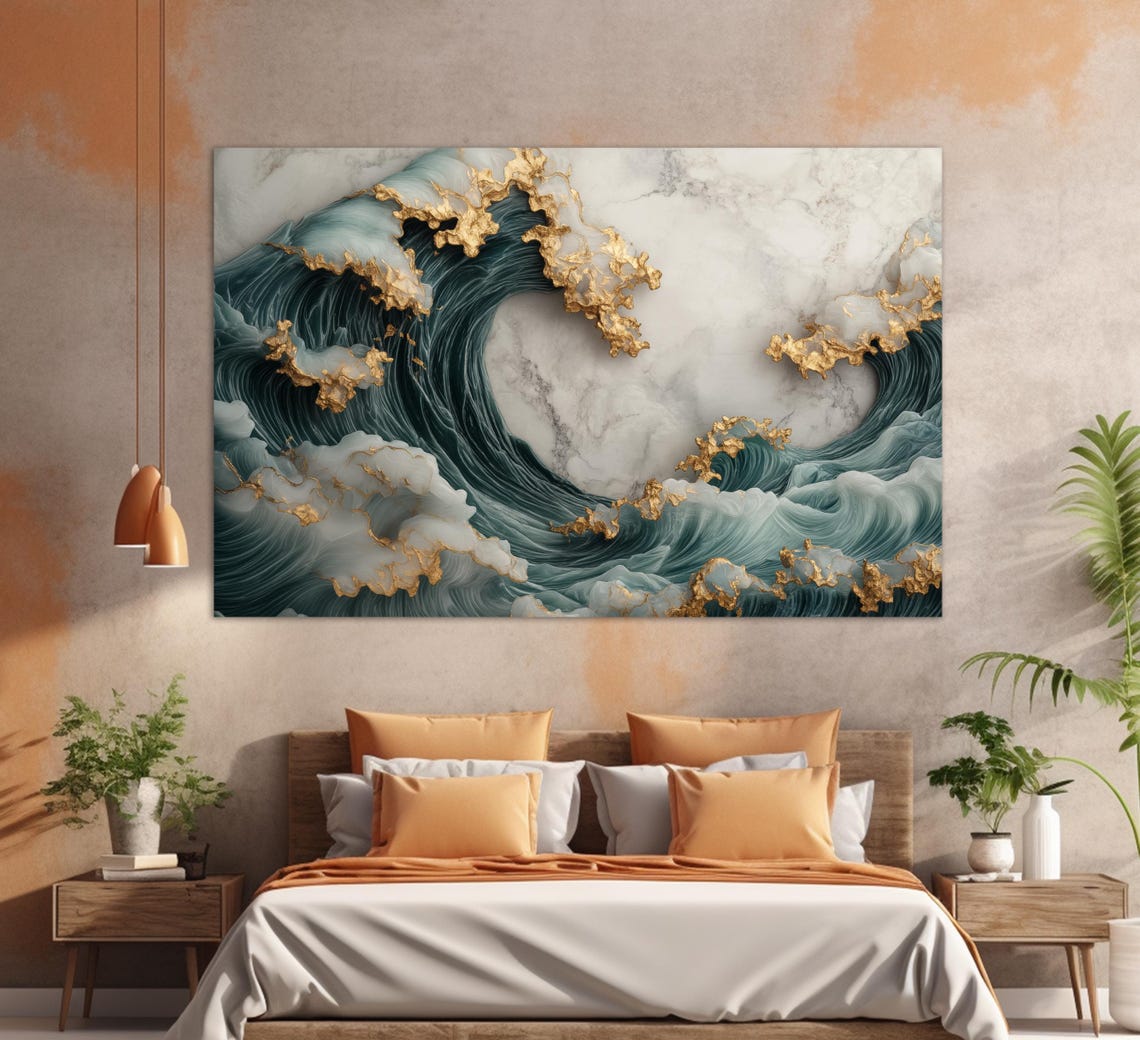 Teal Green Ocean Waves Gold Marble Luxury Abstract Sea Wall Art Poster