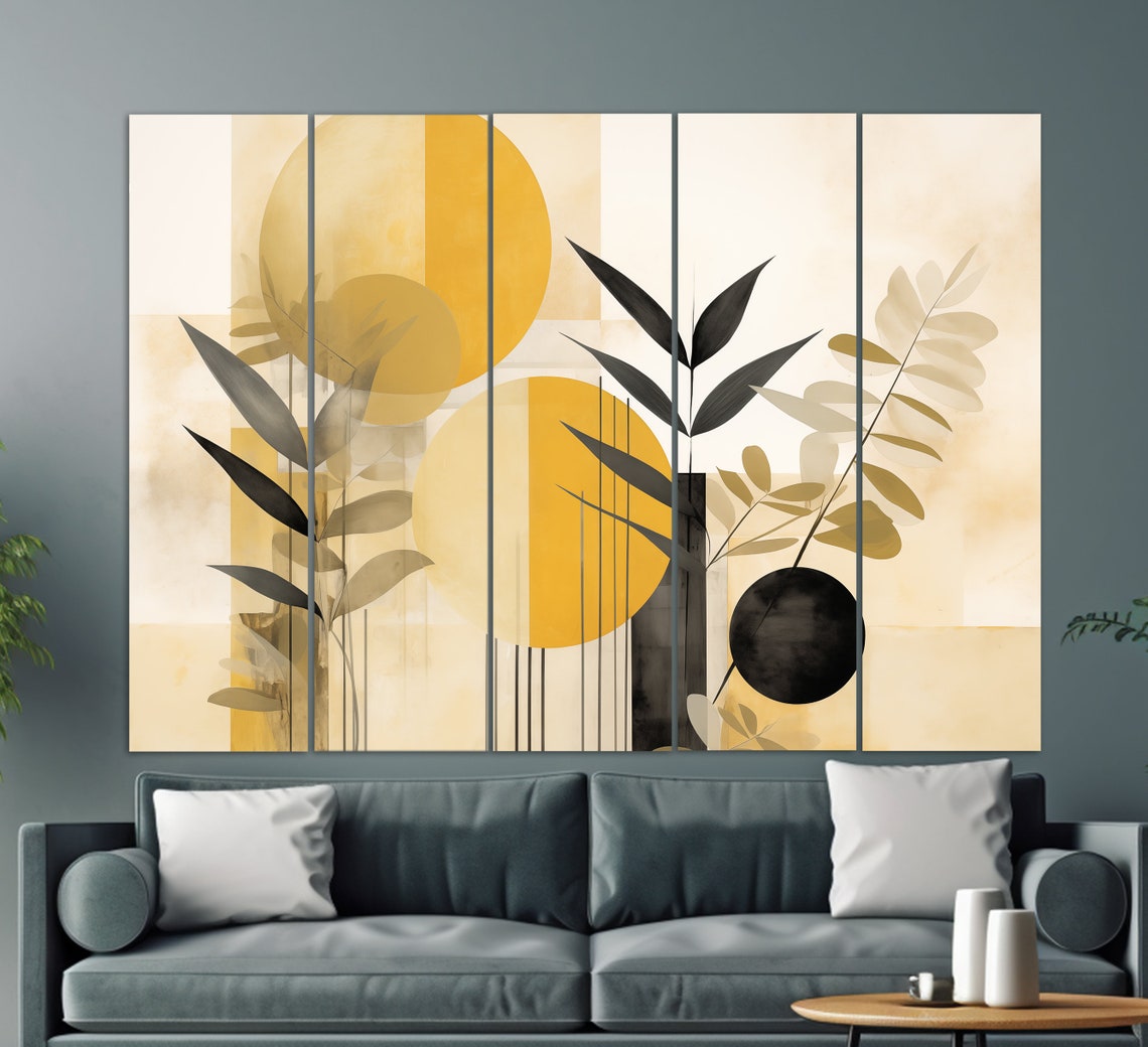 Abstract Golden Circles With Black Leaves Japandi Style Wall Art - Image 3