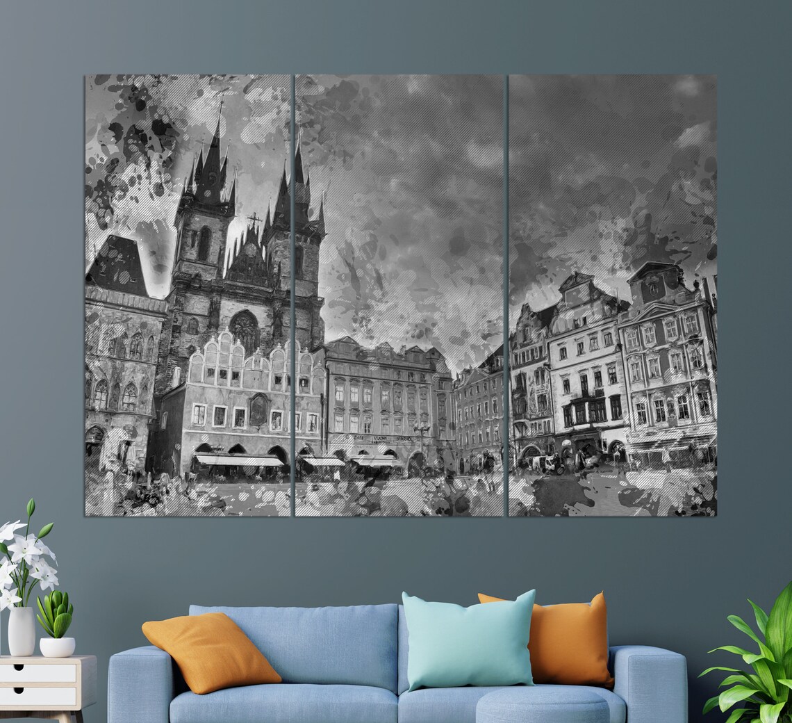 Prague Old Town Square Tyn Church Colorful Watercolor Travel Poster - Image 2