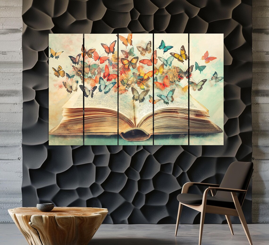 Abstract Open Book With Butterflies, Vintage Library Decor - Image 2
