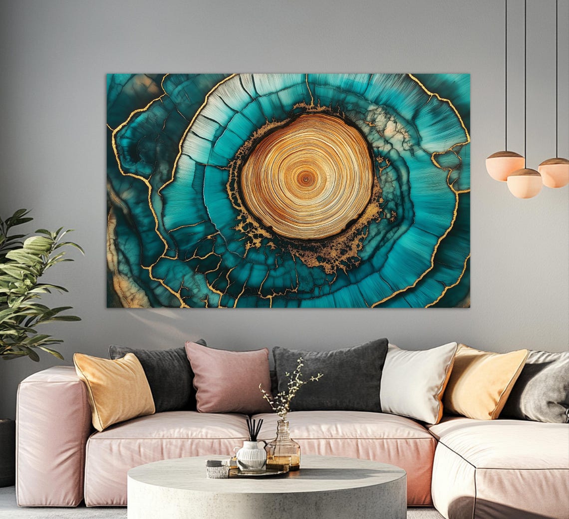 Teal Gold Agate Tree Ring Abstract Luxury Modern Wall Art Print
