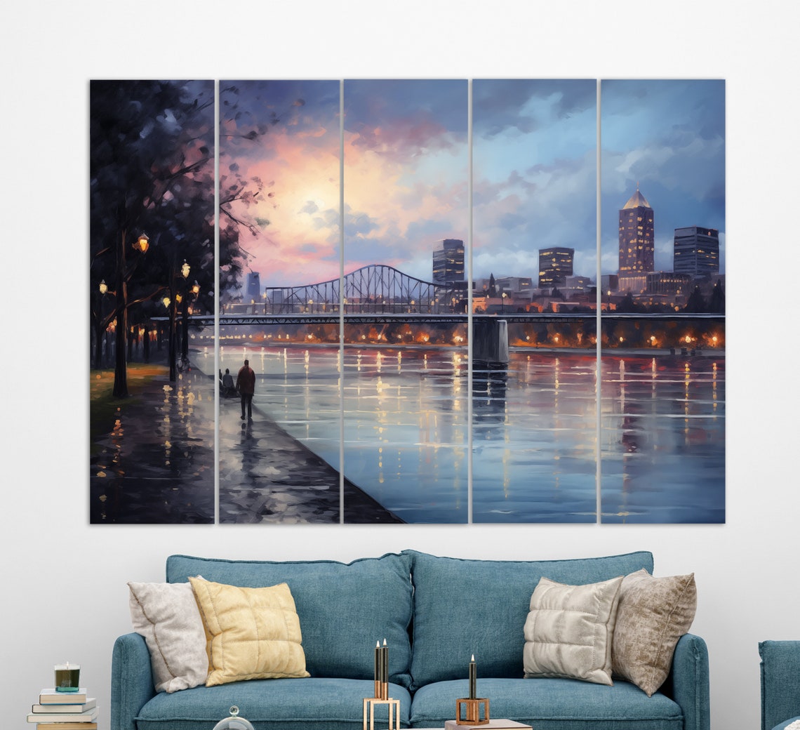 Portland Oregon River Bridge Skyline At Dusk Painting Travel Poster - Image 2