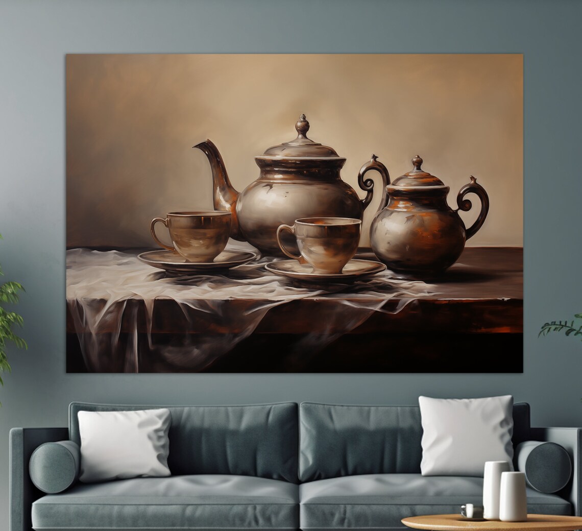 Antique Copper Tea Set Still Life Oil Painting Kitchen Decor Print
