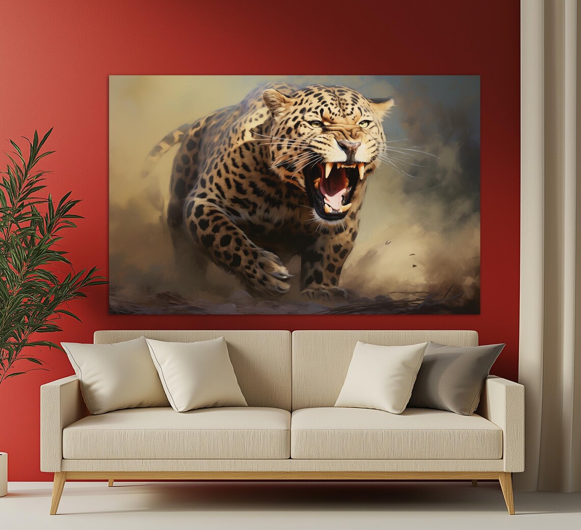 Roaring Leopard Lunging Golden Dust Dramatic Big Cat Wildlife Art Poster - Image 4