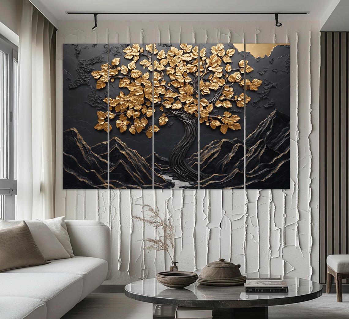 Golden Tree Of Life On Black Background Luxury 3D Textured Art Poster - Image 2