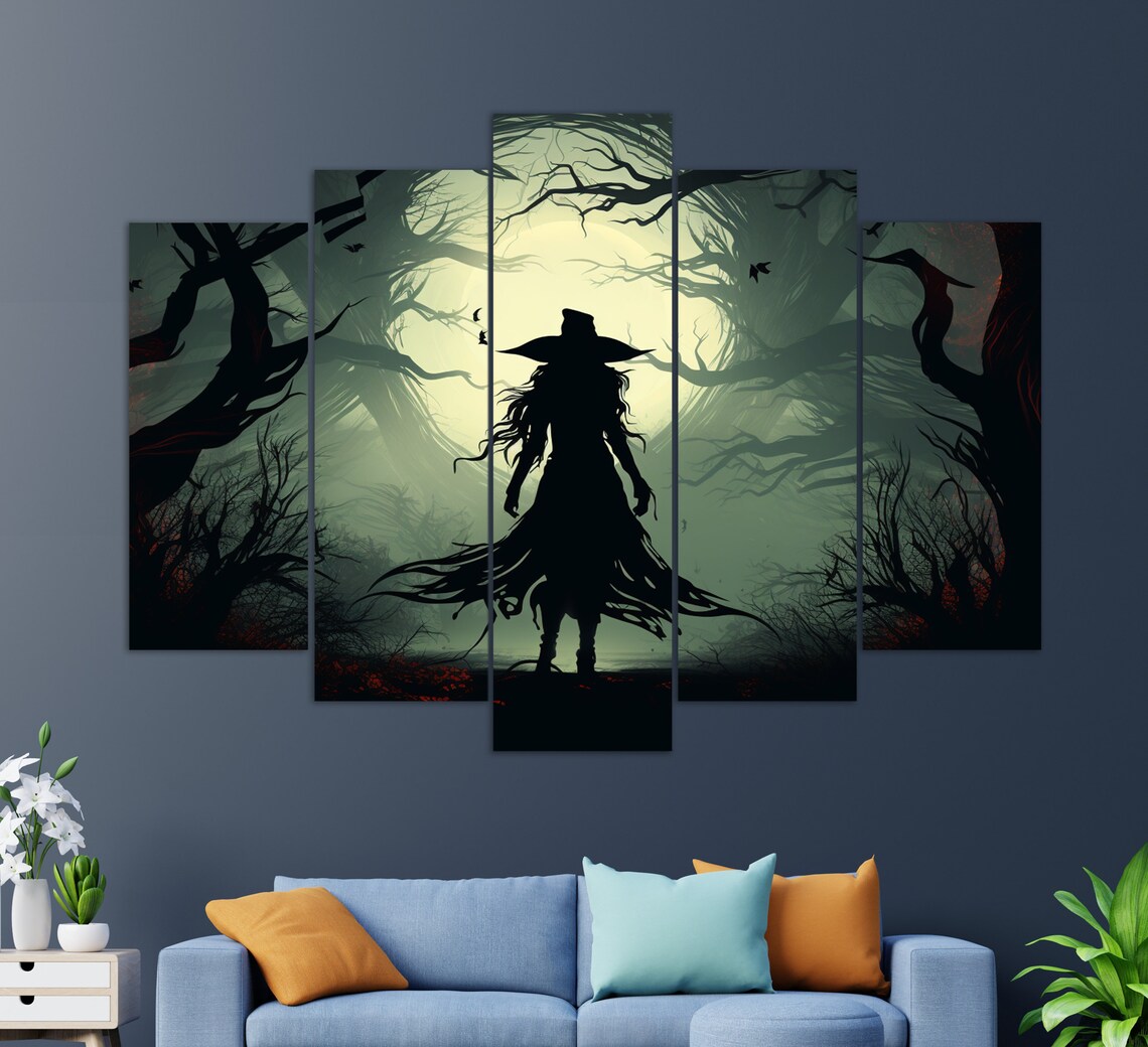 Witch Silhouette Dark Forest Moonlit Gothic Halloween Spooky Wall Art Print - Image 3