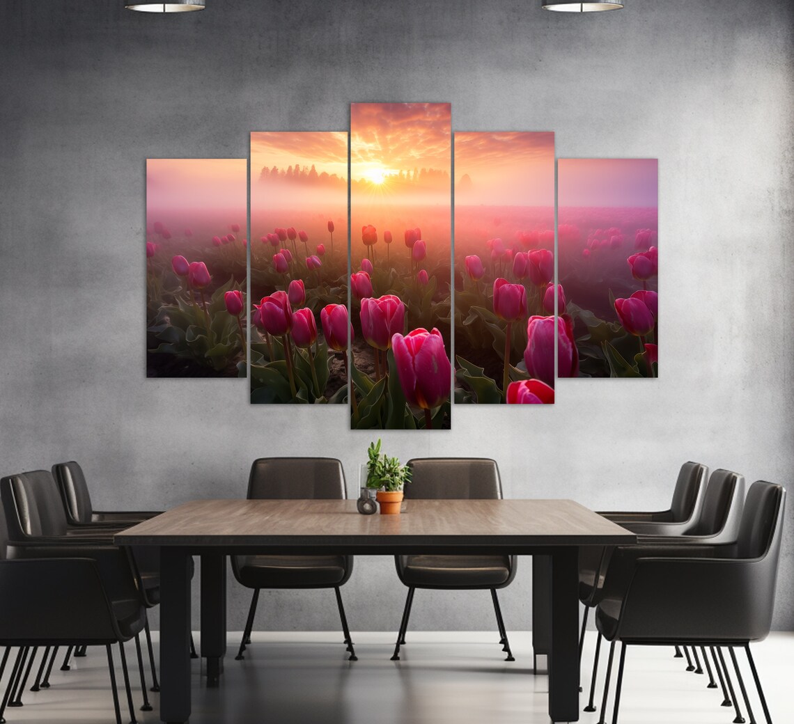 Pink Tulip Field At Misty Sunrise Blooming Flowers Nature Photo Poster - Image 3