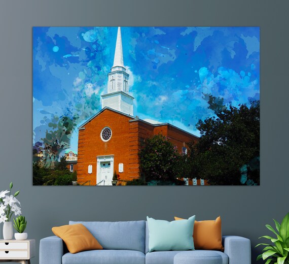 First Presbyterian Church Arlington Brick Steeple Blue Sky Painting Poster