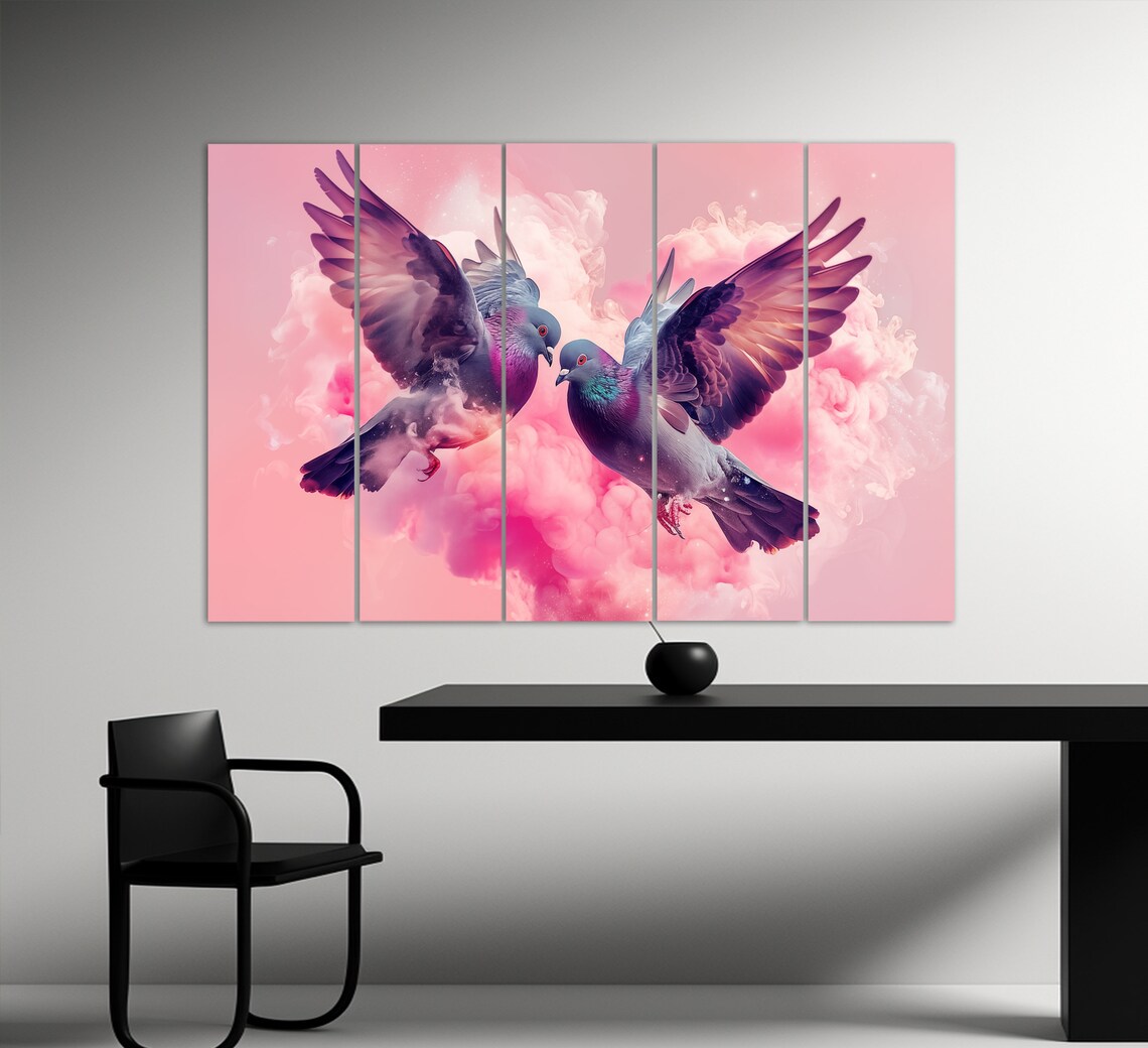 Romantic Lovebirds Pigeons In Flight Pink Smoke Wall Art Poster - Image 2