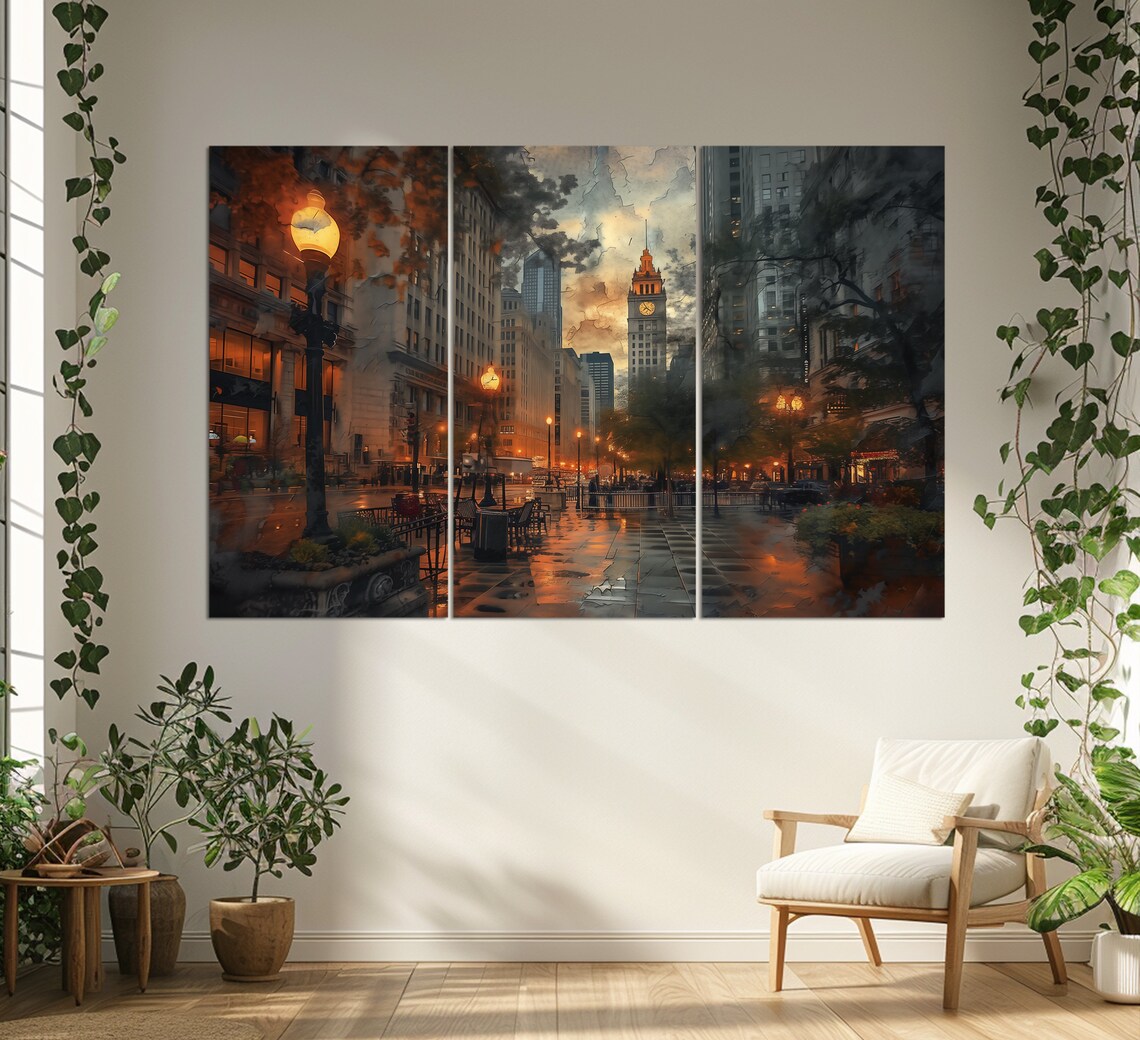 Chicago Michigan Avenue Evening Street Clock Tower View Travel Poster - Image 3