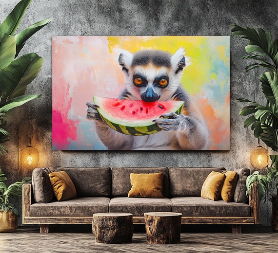 Funny Lemur Eating Watermelon Print Abstract Lemur Wall Art Lemur Painting Cute Lemur Poster Kids Room Decor