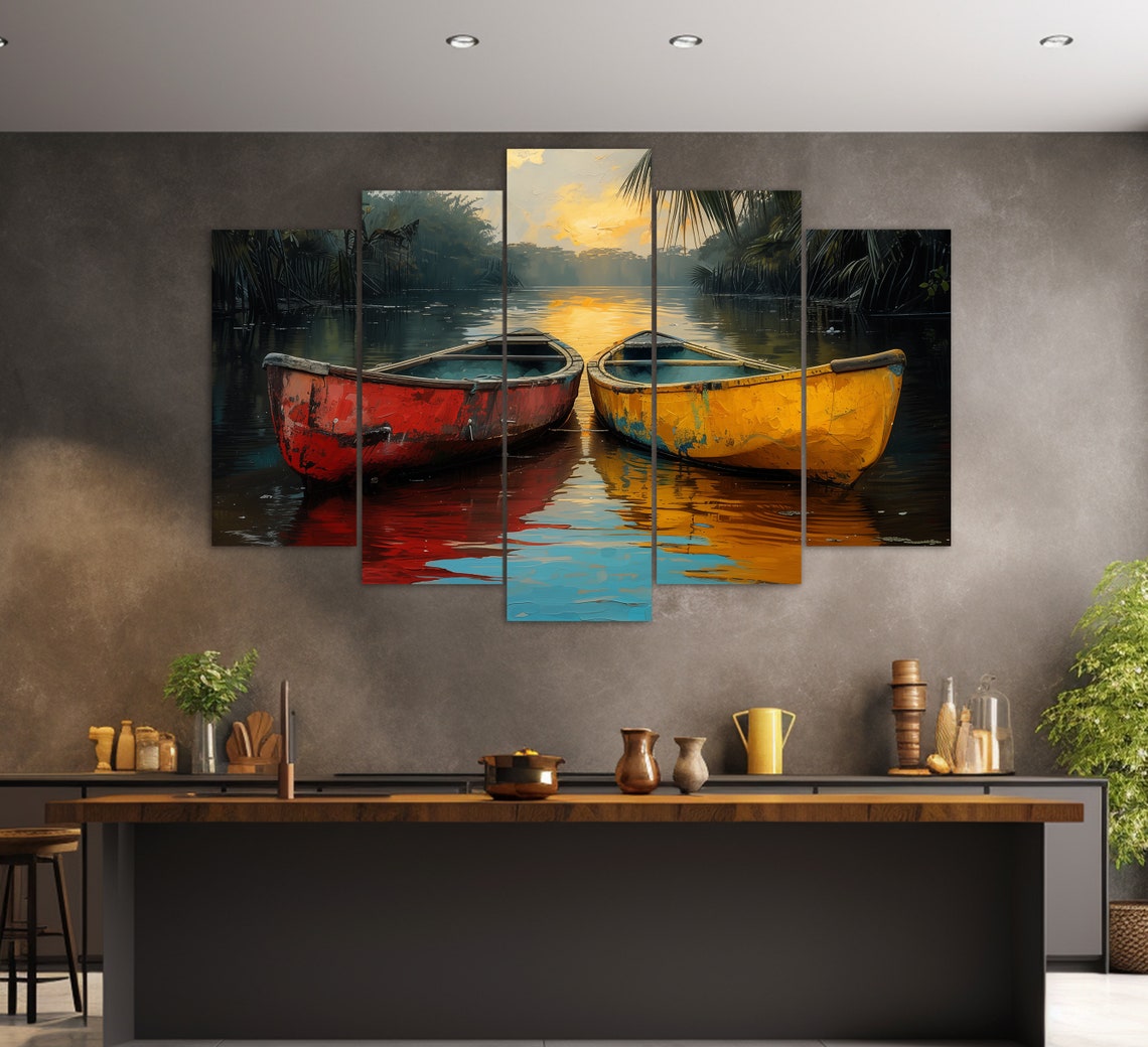 Old Boats On Tropical Lake Print Kayaks Painting Scenic Tropical Landscape Poster Fisherman Gift Boats Wall Art Travel Wall Art - Image 2