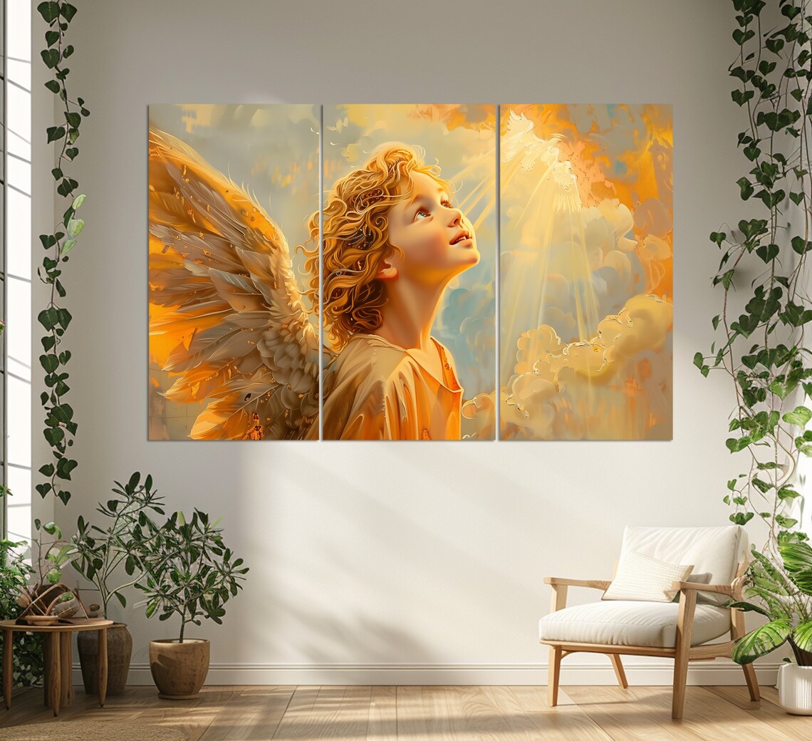 Beautiful Golden Angel Child Looking To Heavenly Light Wall Art - Image 3