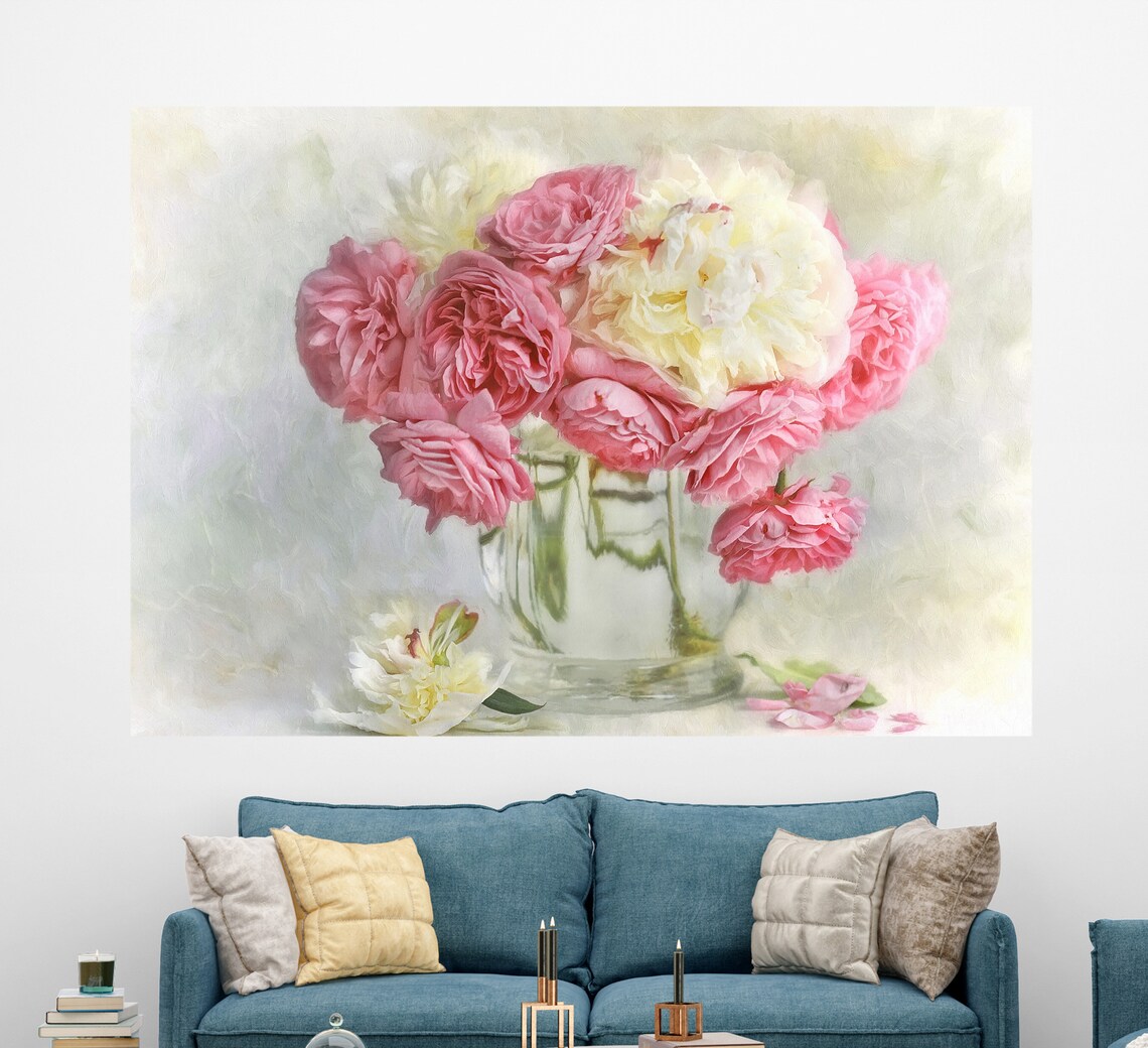 Pink Roses Bouquet In Glass Vase Soft Floral Painting Wall Art