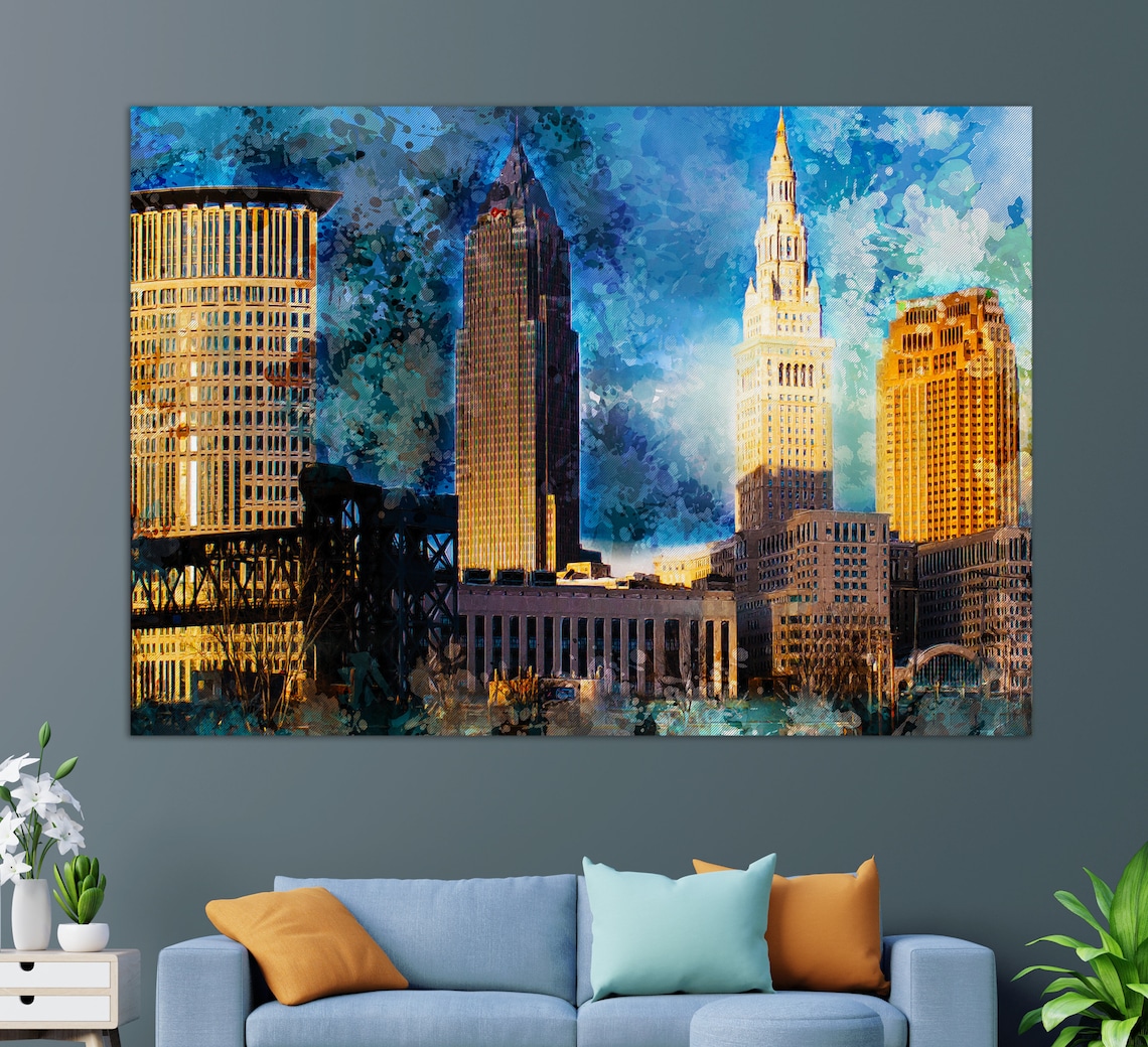 Akron Ohio Skyline Watercolor Downtown Towers Golden Sunset Print