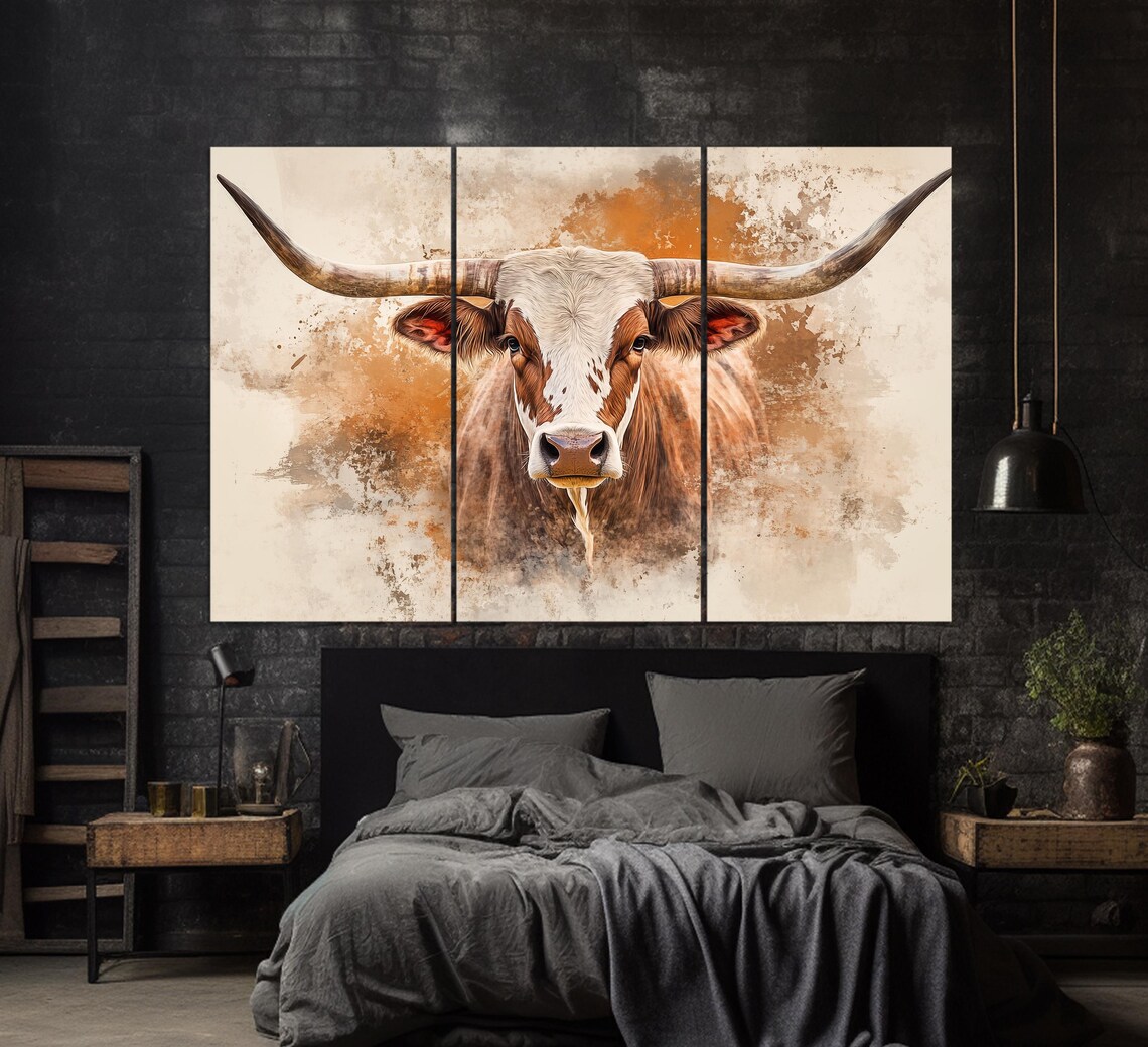 Texas Longhorn Farmhouse Wall Art Print, Rustic Texas