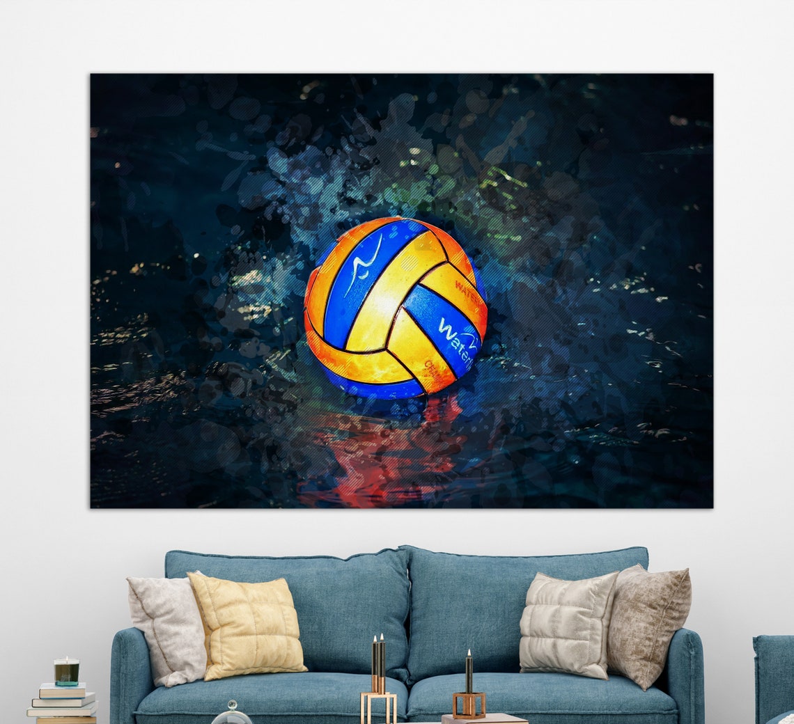 Water Polo Ball Splashing Dark Blue Water Painted Sports Wall Poster