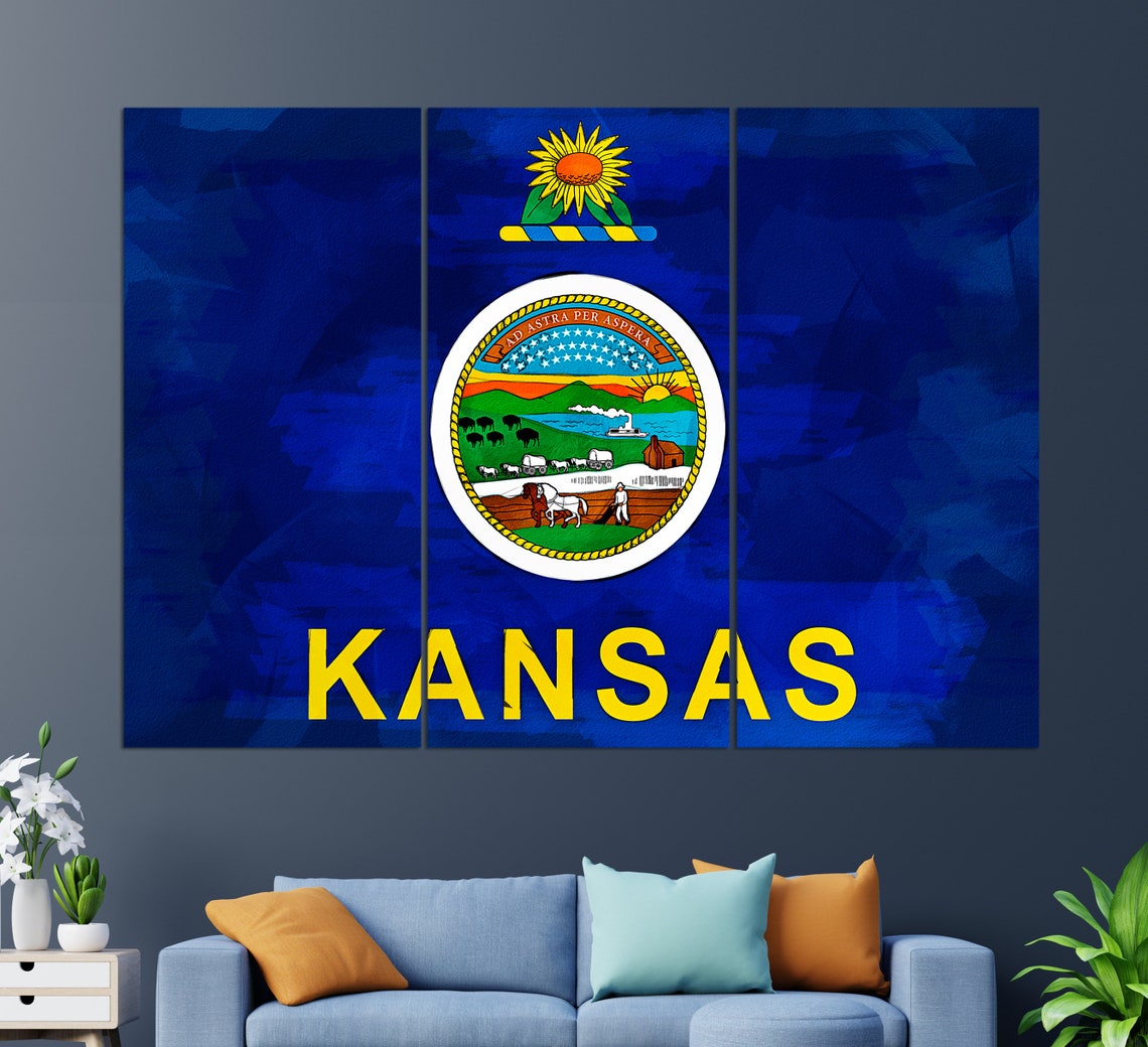 Kansas State Flag Sunflower Seal Watercolor Blue Patriotic Wall Poster - Image 2