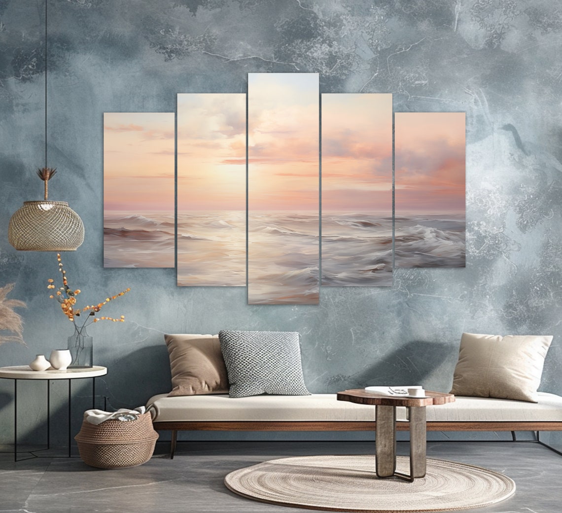 Pink Blush Sunset Over Ocean Waves Soft Pastel Seascape Wall Art Print - Image 4