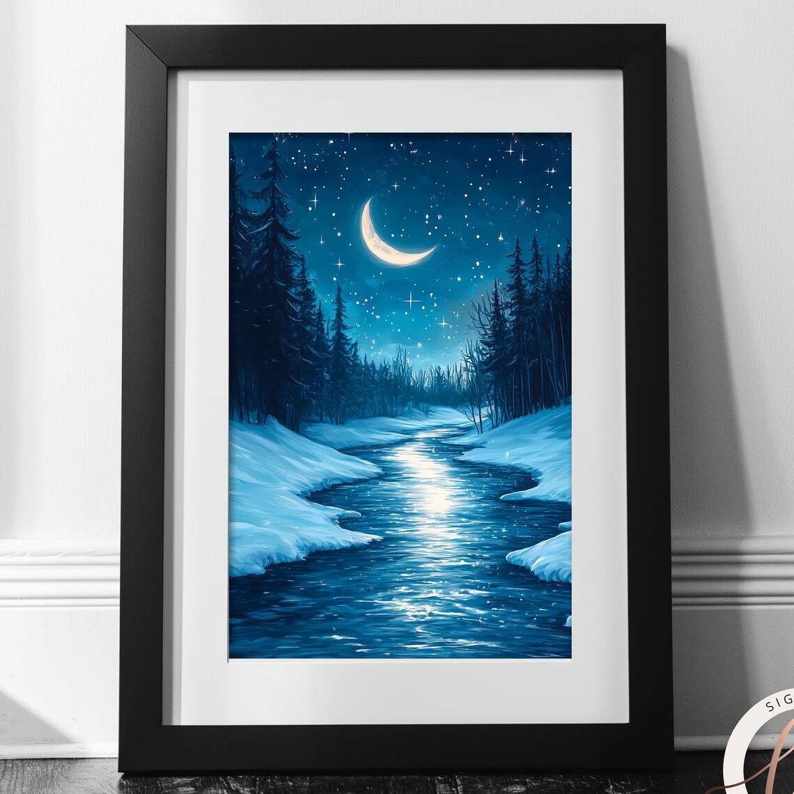 Winter Moon Dark Forest Art Print, Gothic Night Sky